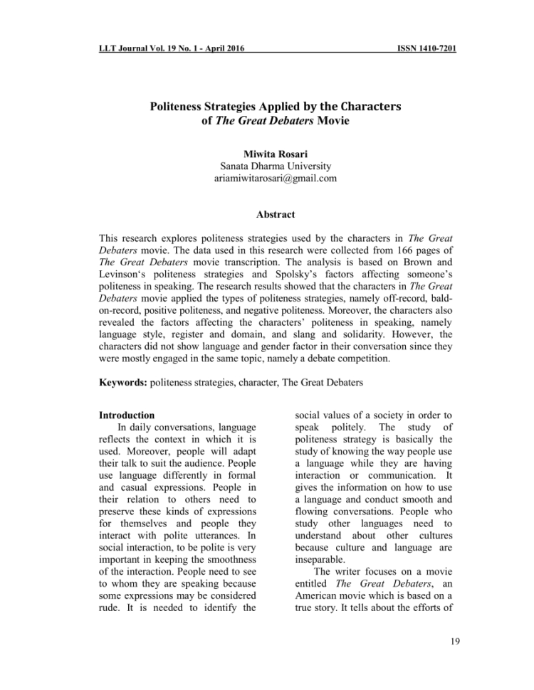 Pdf Politeness Strategies Appliedthe Characters Of The