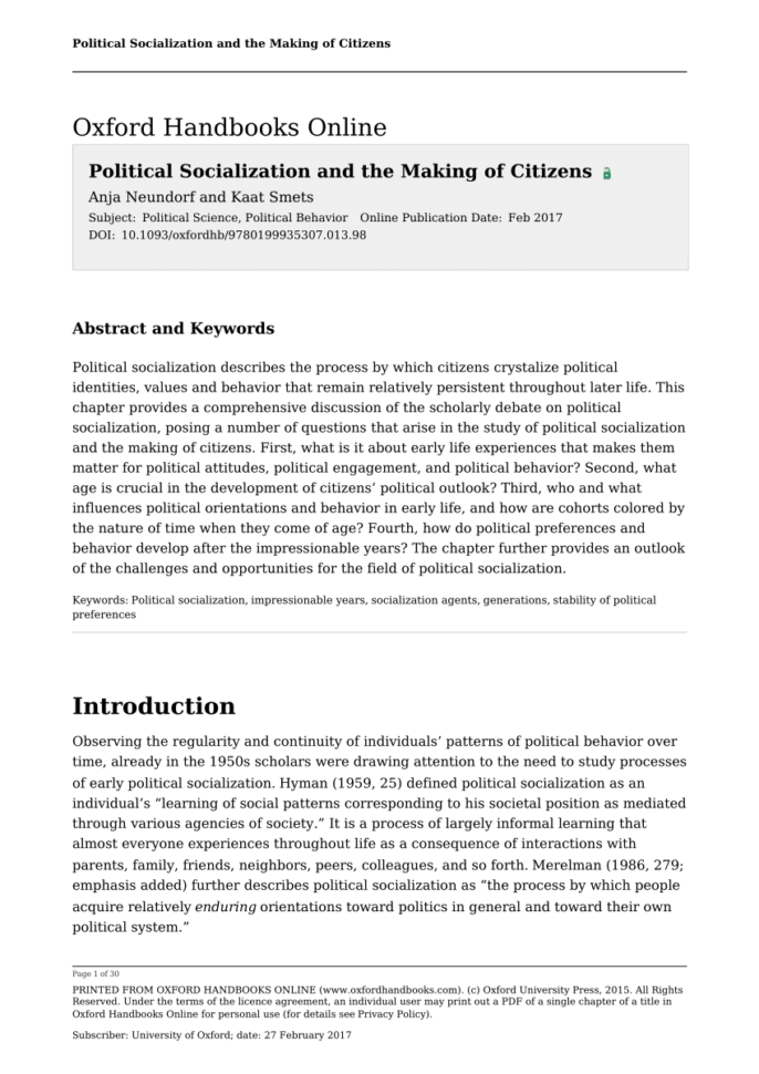 Pdf Political Socialization And The Making Of Citizens