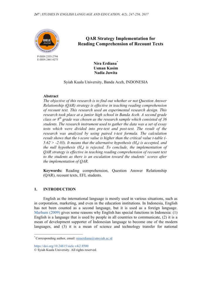 Pdf Qar Strategy Implementation For Reading Comprehension