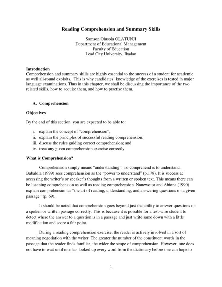 Pdf Reading Comprehension And Summary Skills