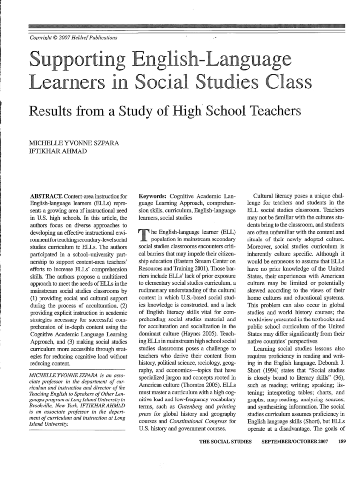 Pdf Supporting Englishlanguage Learners In Social Studies