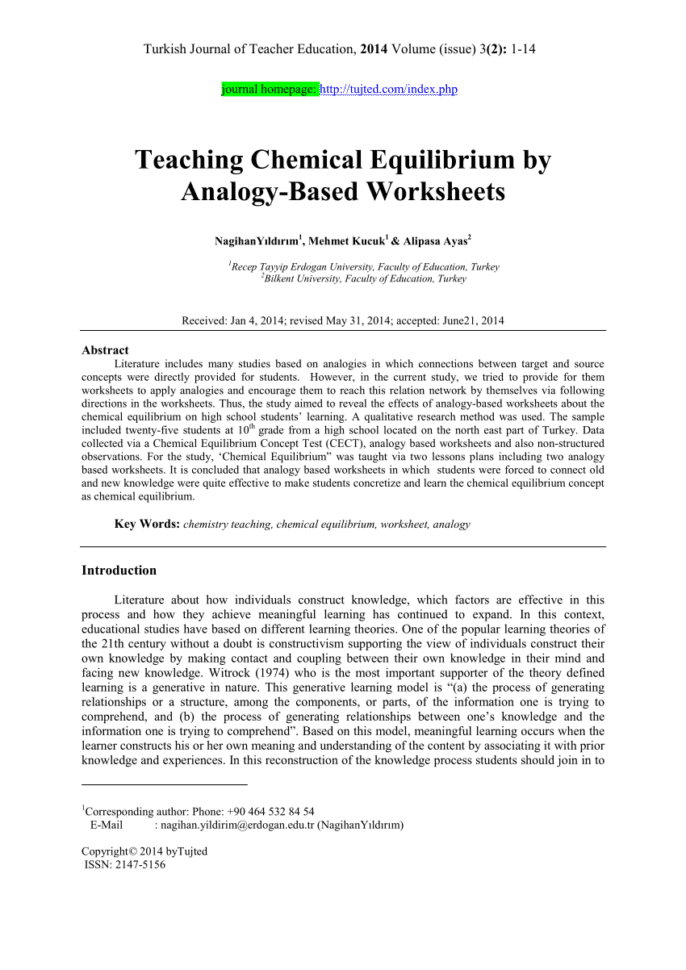 Pdf Teaching Chemical Equilibriumanalogybased Worksheets