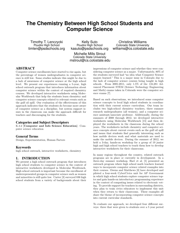 Pdf The Chemistry Between High School Students And Computer