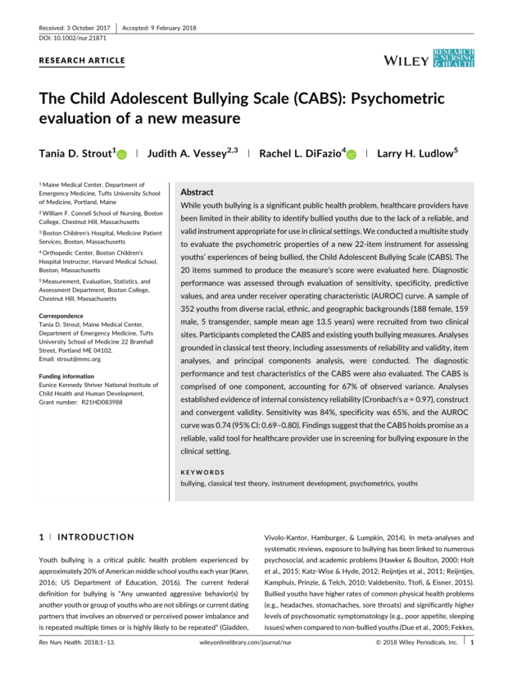 Pdf The Child Adolescent Bullying Scale Cabs