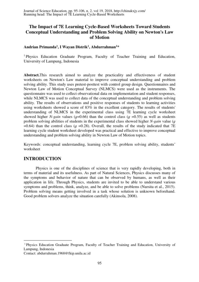 Pdf The Impact Of 7E Learning Cyclebased Worksheets Tord
