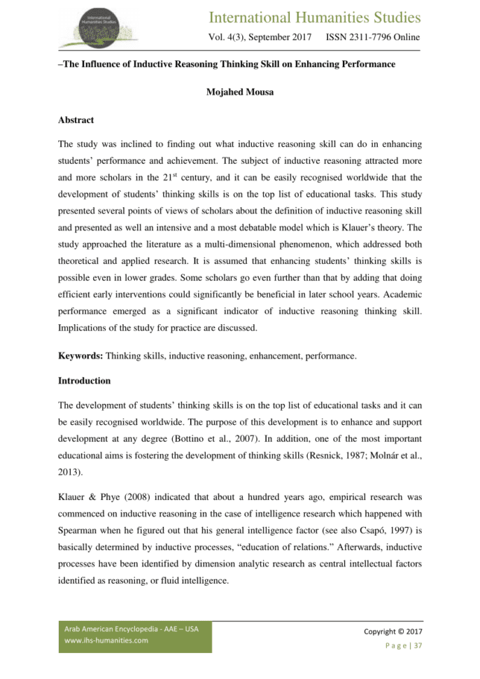 Pdf The Influence Of Inductive Reasoning Thinking Skill On