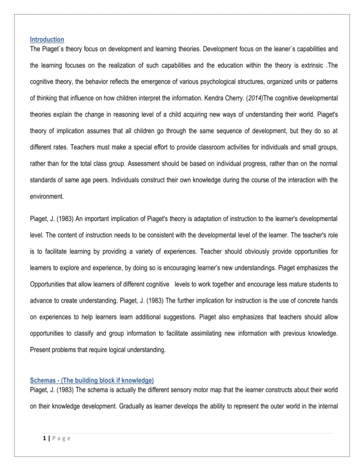 Pdf The Piaget Theory Of Cognitive Development An Educational