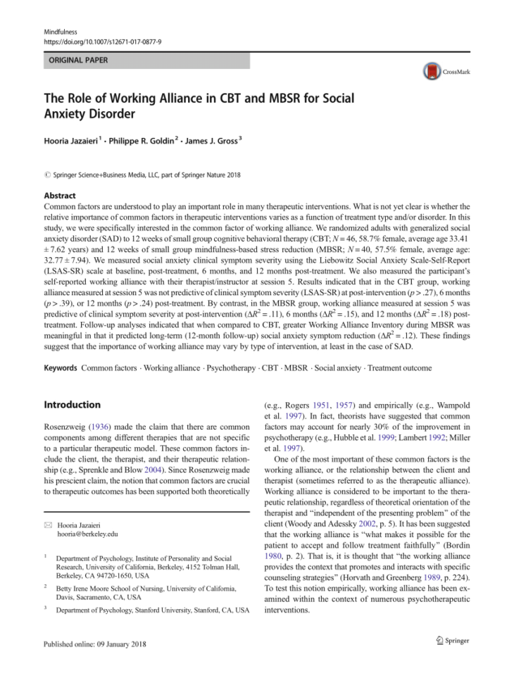 Pdf The Role Of Working Alliance In Cbt And Mbsr For Social