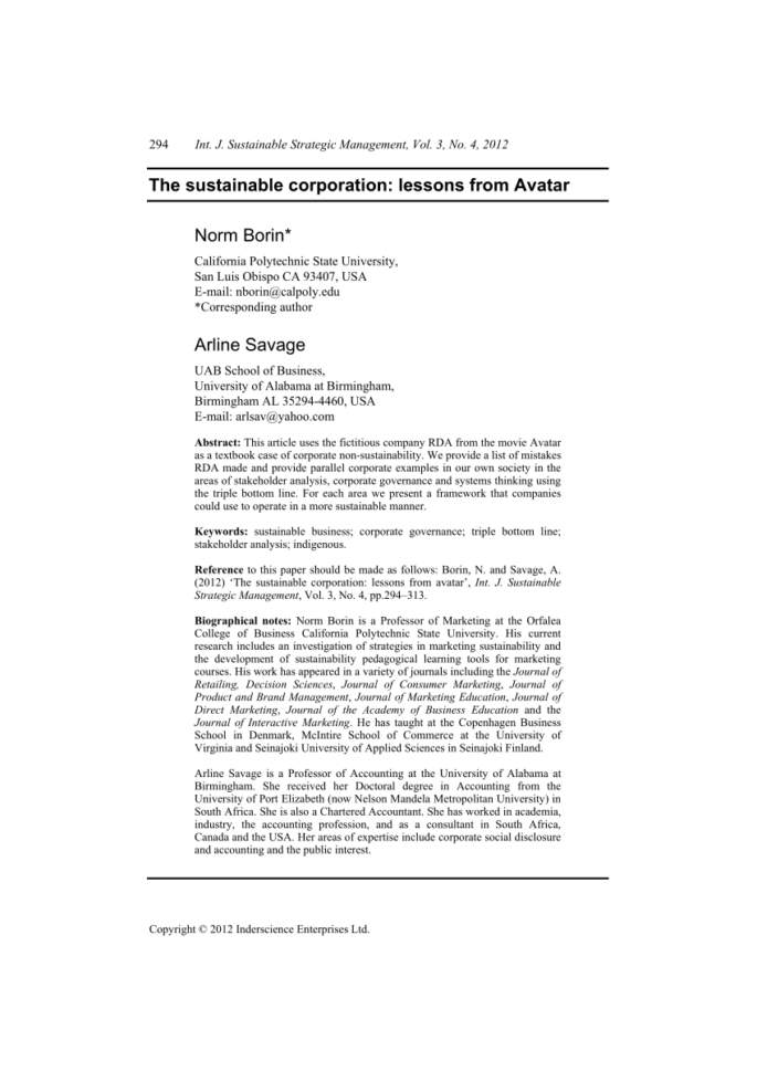 Pdf The Sustainable Corporation Lessons From Avatar