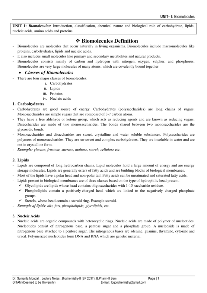 Pdf Unit–I Biomolecules