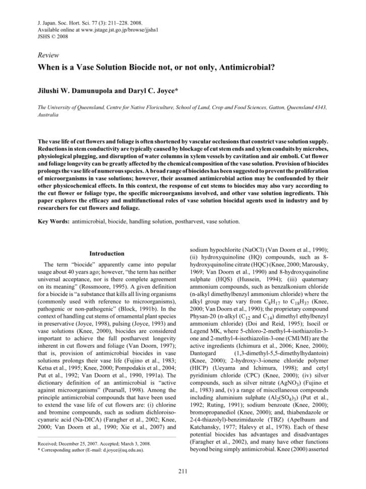 Pdf When Is A Vase Solution Biocide Not Or Not Only