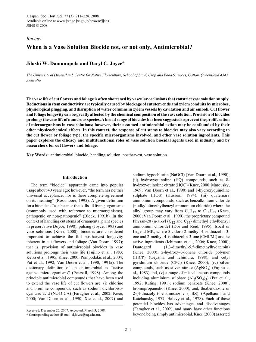 Pdf When Is A Vase Solution Biocide Not Or Not Only