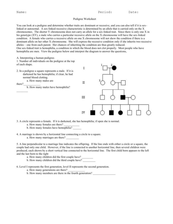 Pedigree Worksheet 3 Hemophilia The Royal Disease Answers