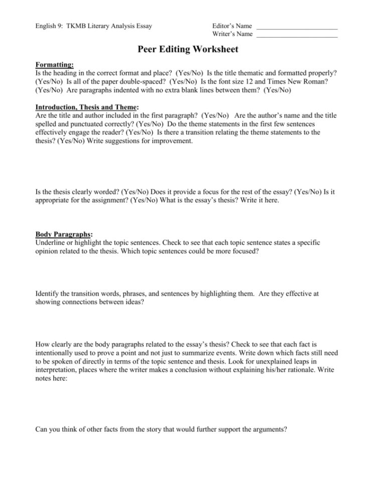 Peer Editing Worksheet  Squalicum High School