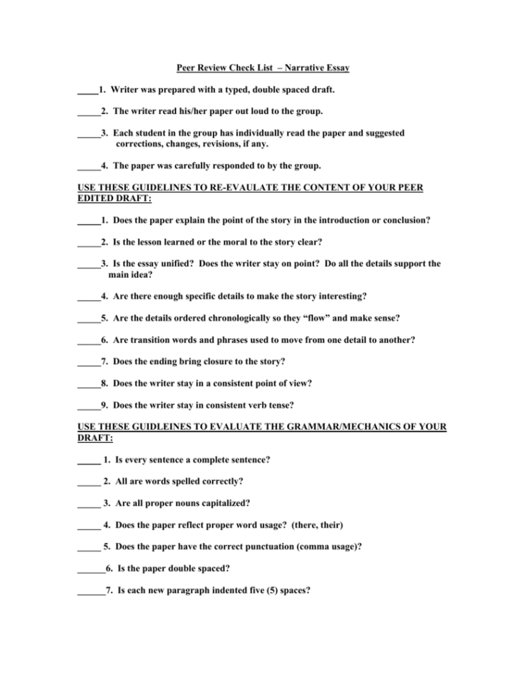 Peer Review Check List – Narrative Essay