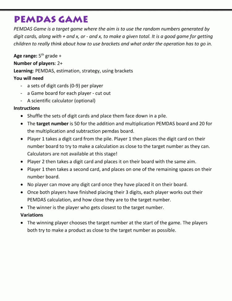 Pemdas Rule  Worksheets