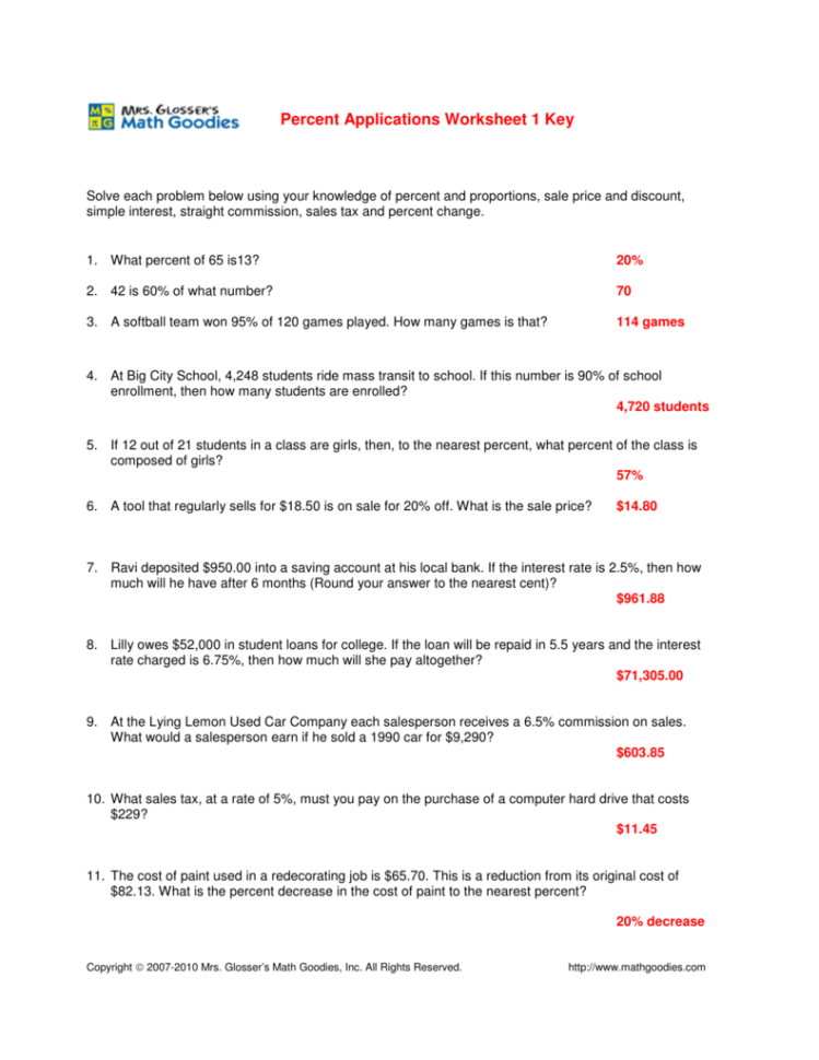 Percent Applications Worksheet 1 Key