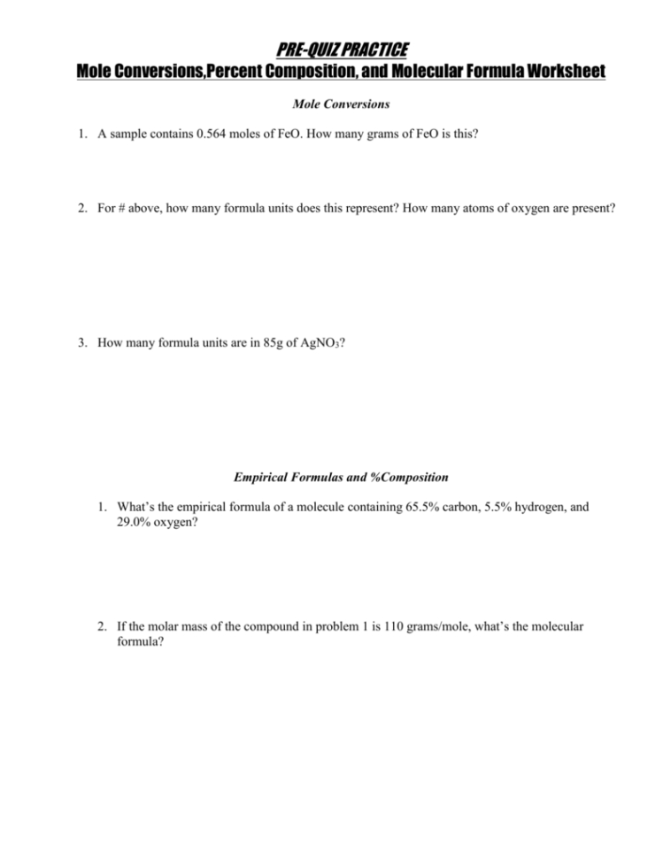 Percent Composition And Molecular Formula Worksheet
