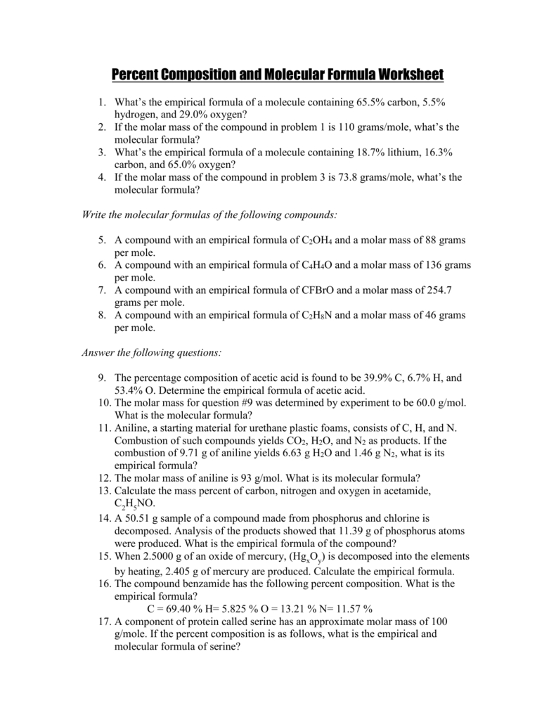 Empirical And Molecular Formula Worksheet Answer Key Db excel