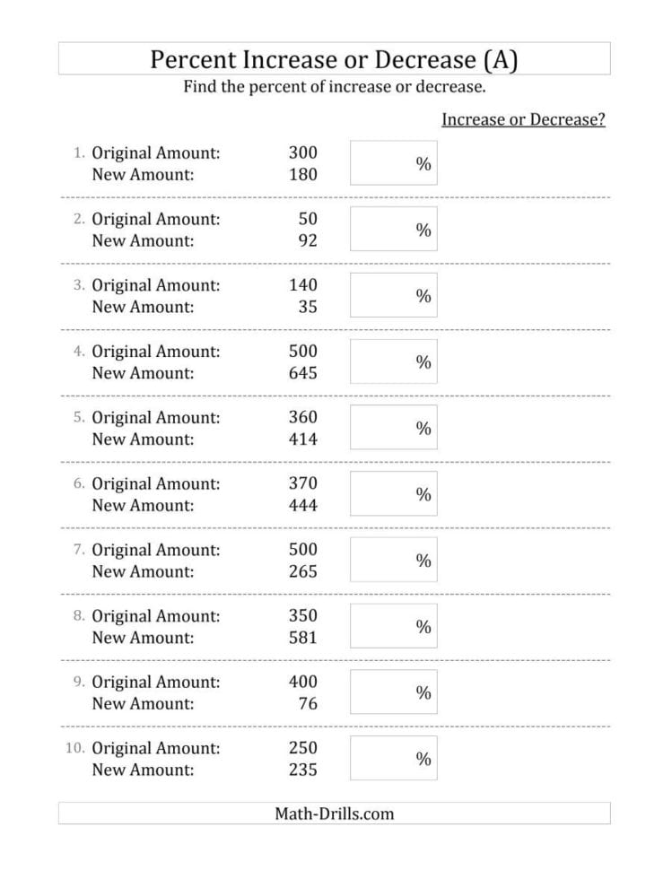 Percent Increase Or Decrease Of Whole Number Amounts With