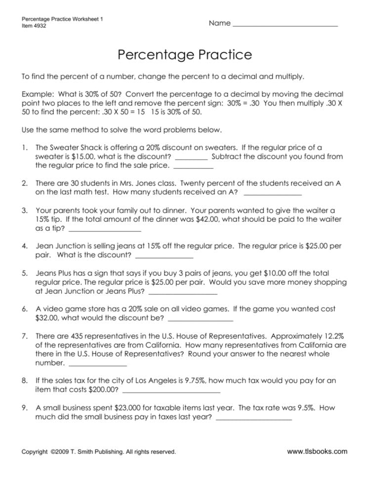 Percent Word Problems Worksheet 1