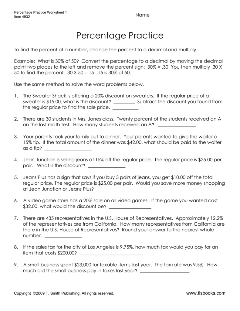 Percent Of A Number Word Problems Worksheet