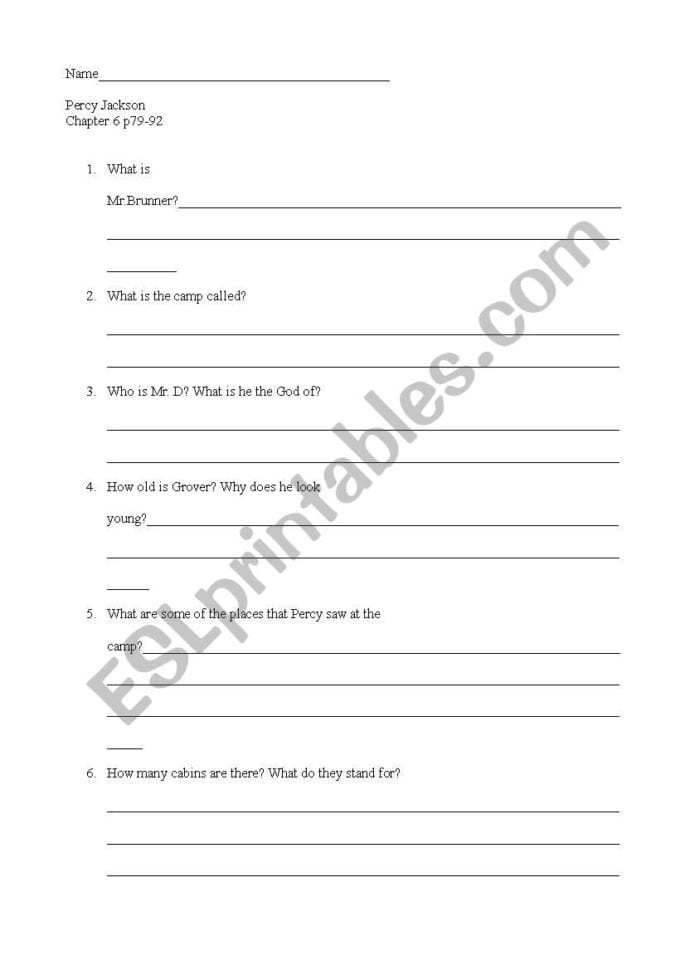 Percy Jackson Chapter 6 Worksheet  Esl Worksheetazenner