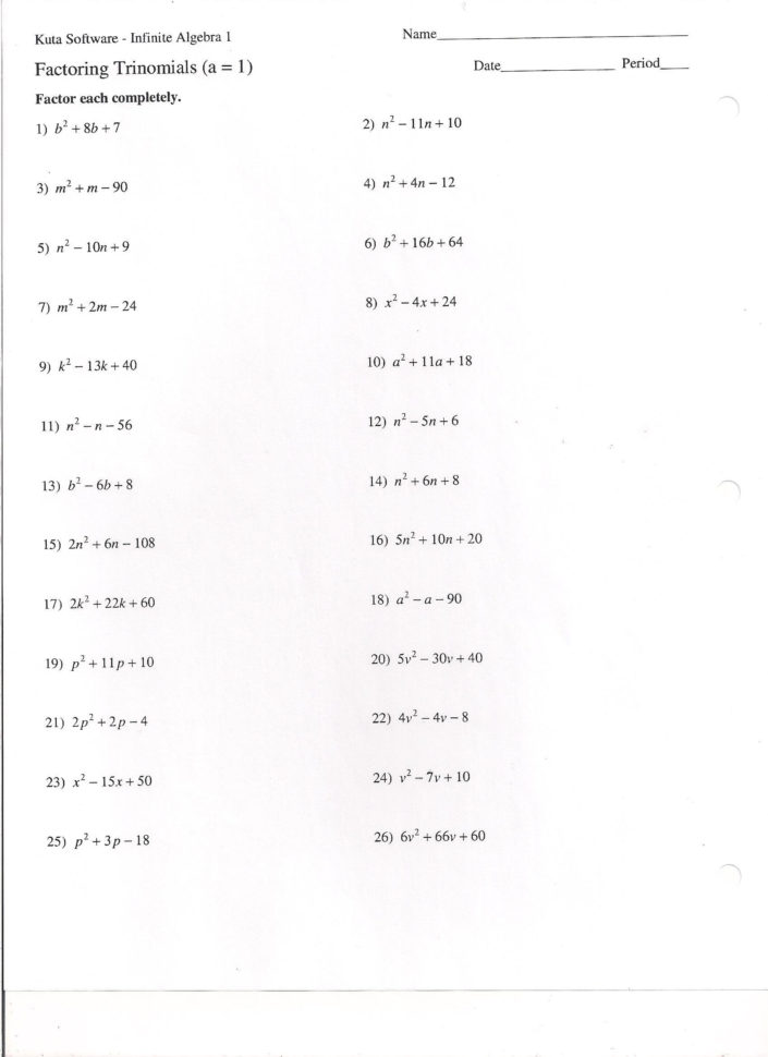 Perfect Square Trinomial Worksheets