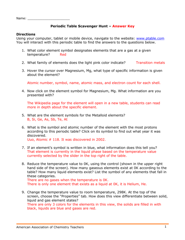 Hunting The Elements Worksheet Answers
