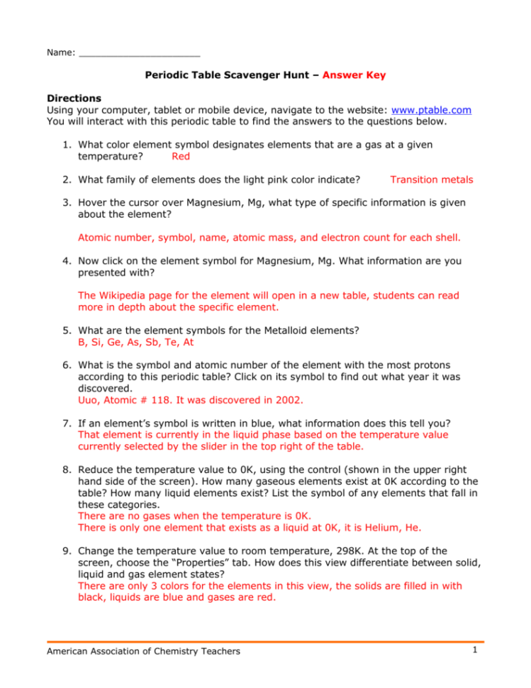 Periodic Table Scavenger Hunt – Answer Key Directions Using Your