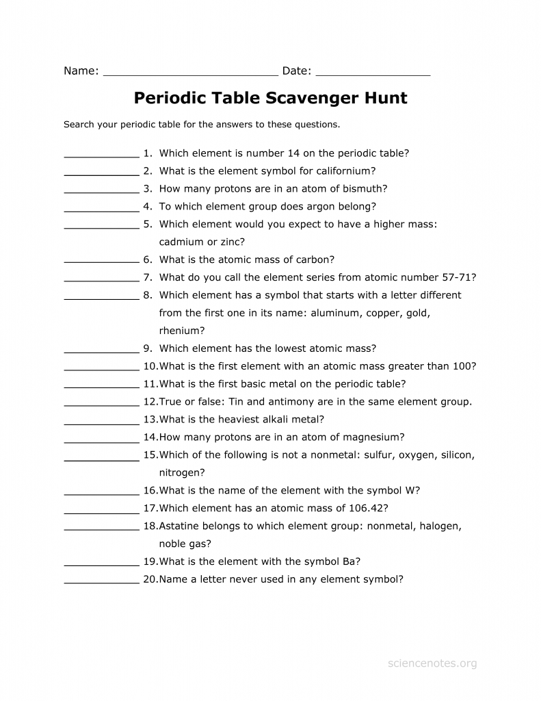 Periodic Table Scavenger Hunt Worksheet