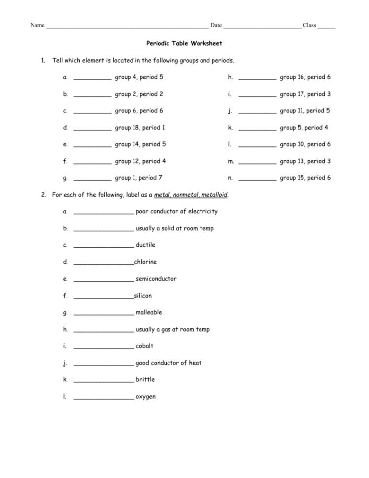 Periodic Table Worksheet