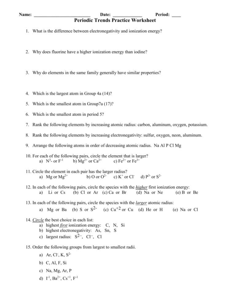 Periodic Trends Practice Worksheet