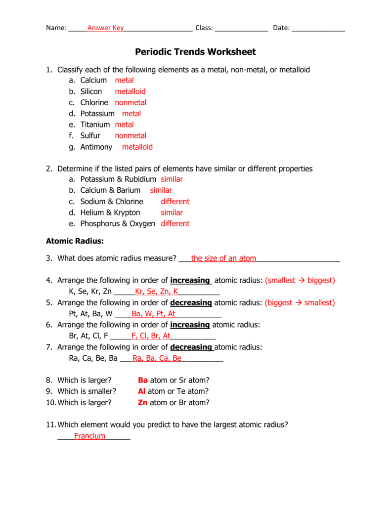 periodic trends practice worksheet answers chemistry