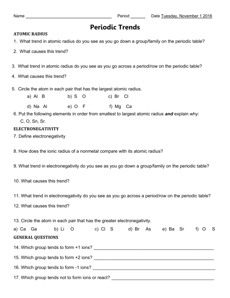 Periodic Trends Worksheet