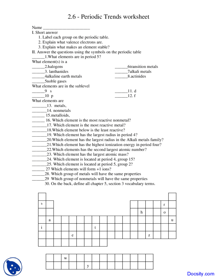 Periodic Trends Worksheet  General Chemistry  Quiz  Docsity
