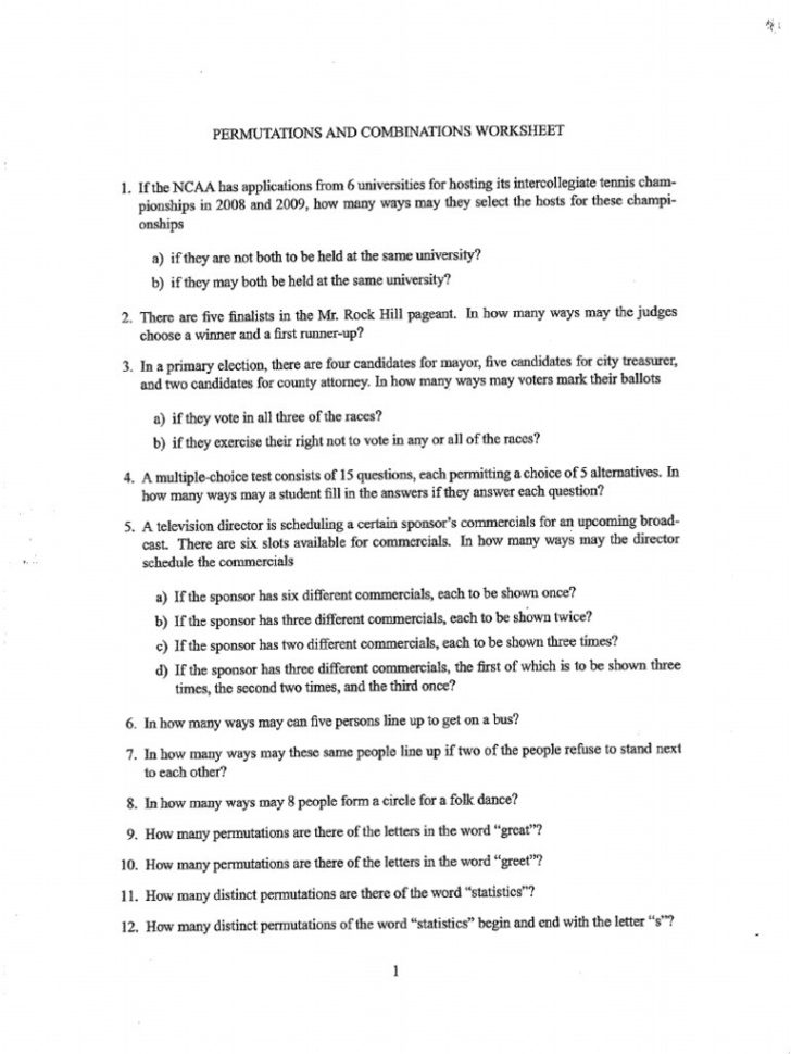 Permutation And Combination Worksheet With Answers Pdf