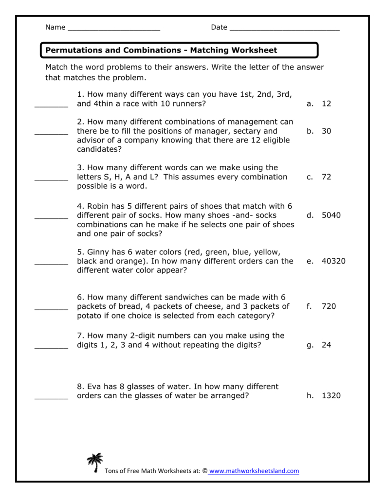 Permutations And Combinations Matching Worksheet