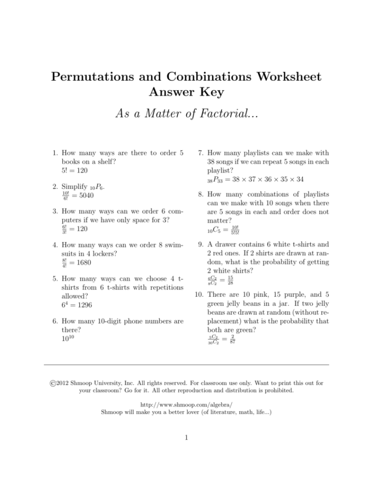 Permutations And Combinations Worksheet Answer Key