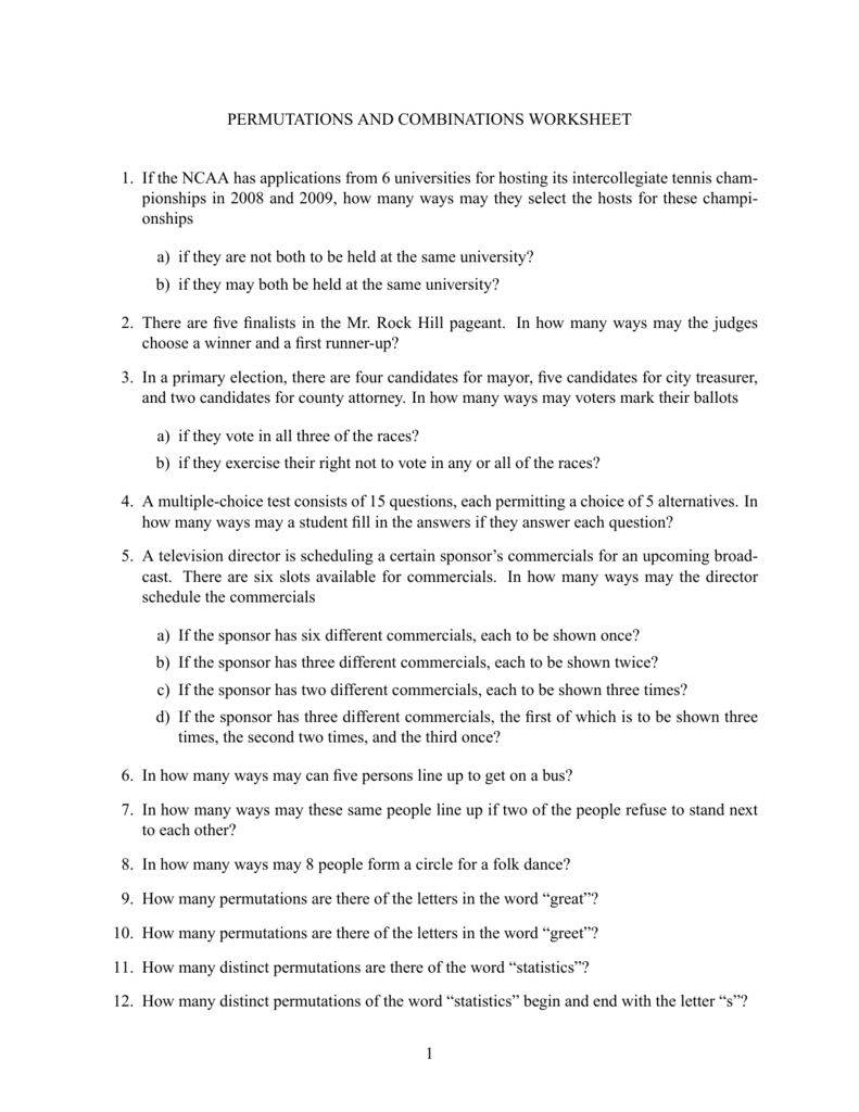 Permutations And Combinations Worksheet Ctqr 150 1