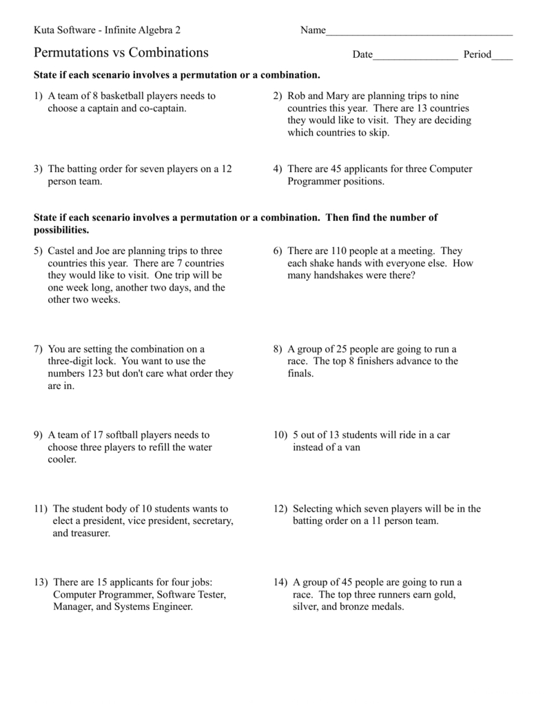 Combinations And Permutations Worksheet With Answers