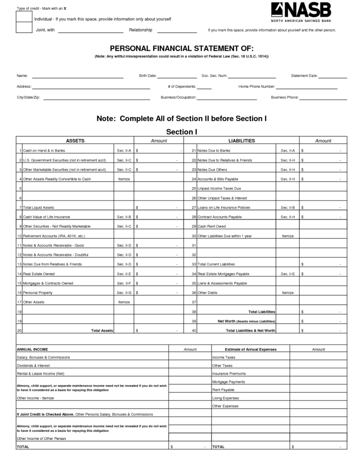 Personal Financial Statement Worksheet  Spreadsheet Collections