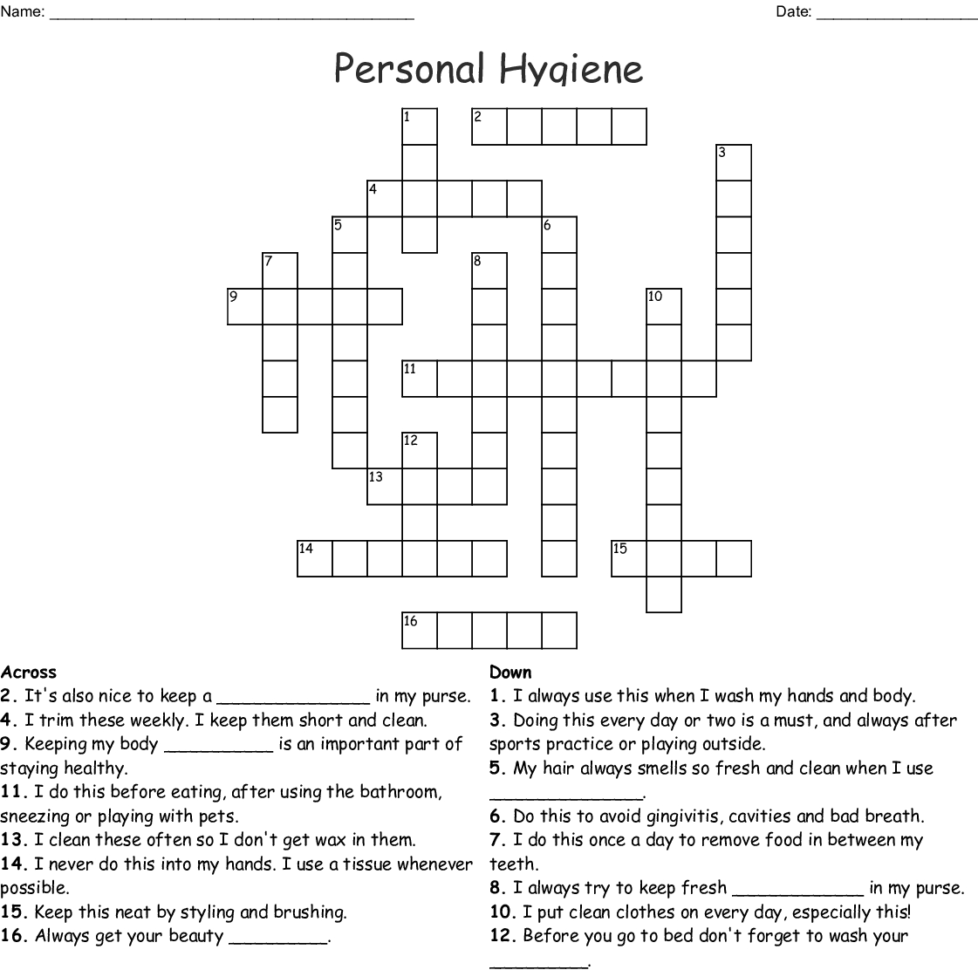 Personal Hygiene Crossword  Word