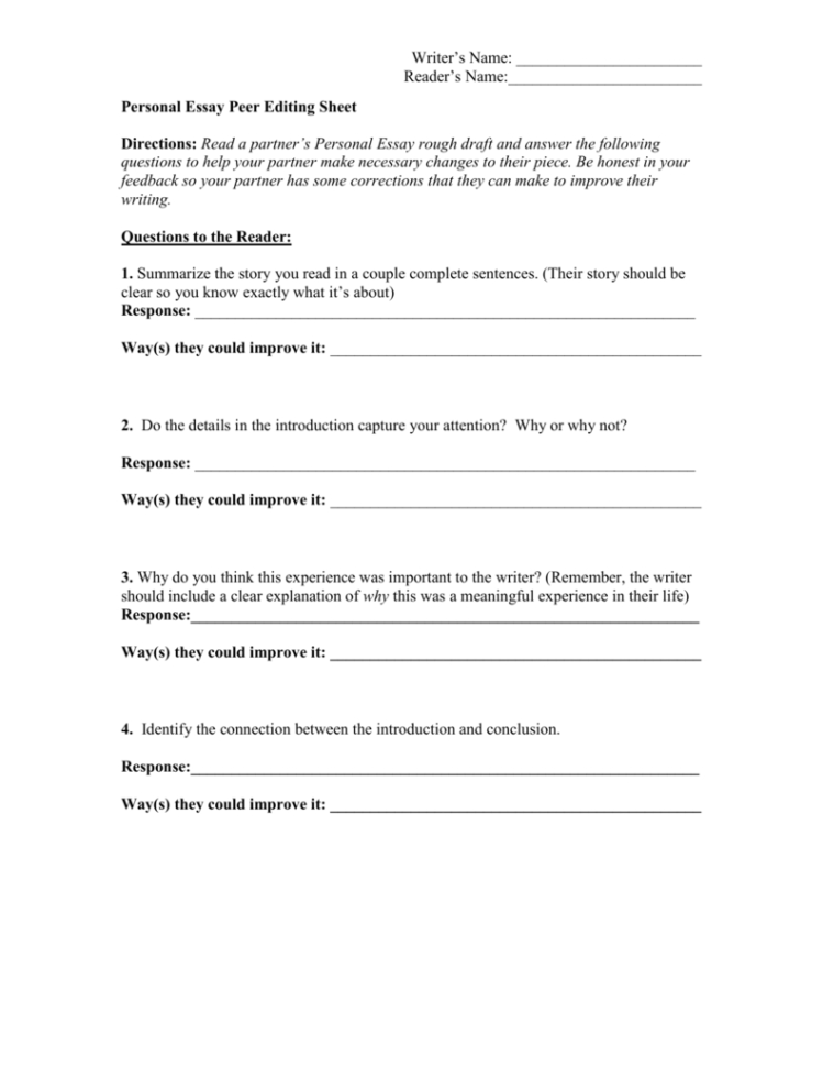 Personal Narrative Peer Editing Sheet