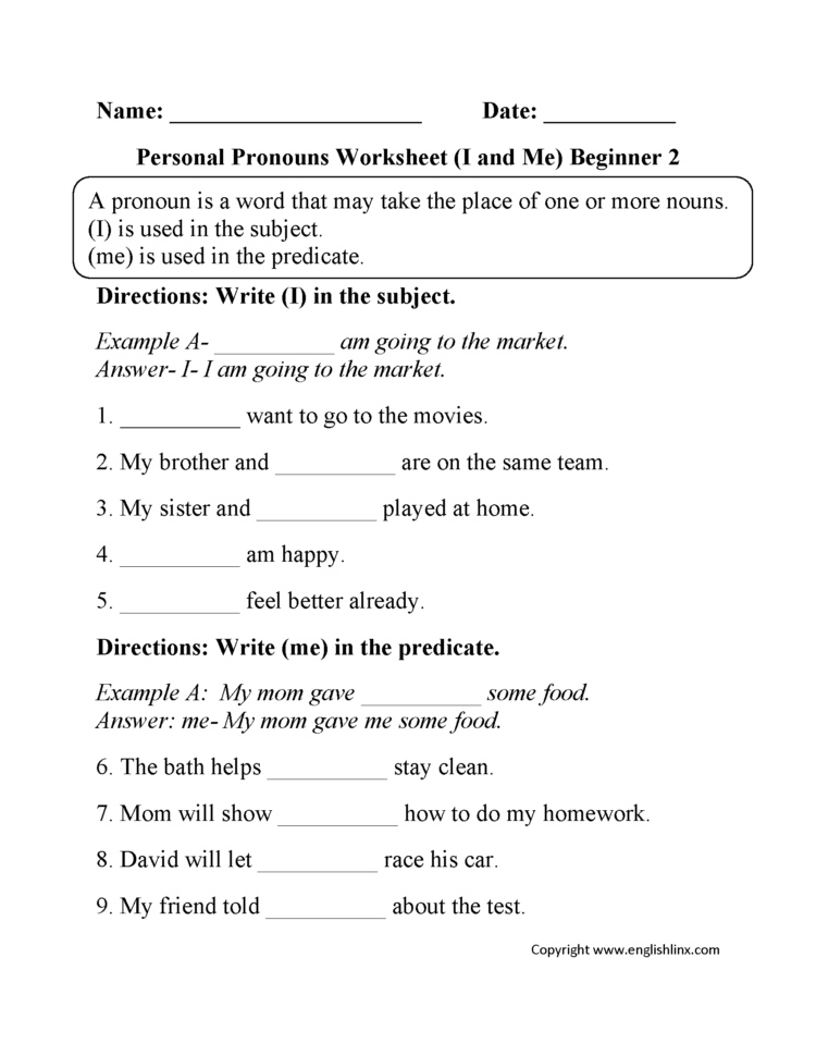Personal Pronouns Worksheets  I And Me Personal Pronouns