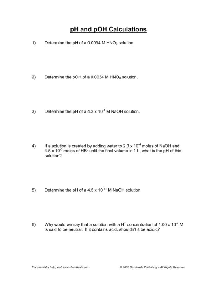 Ph And Poh Calculations
