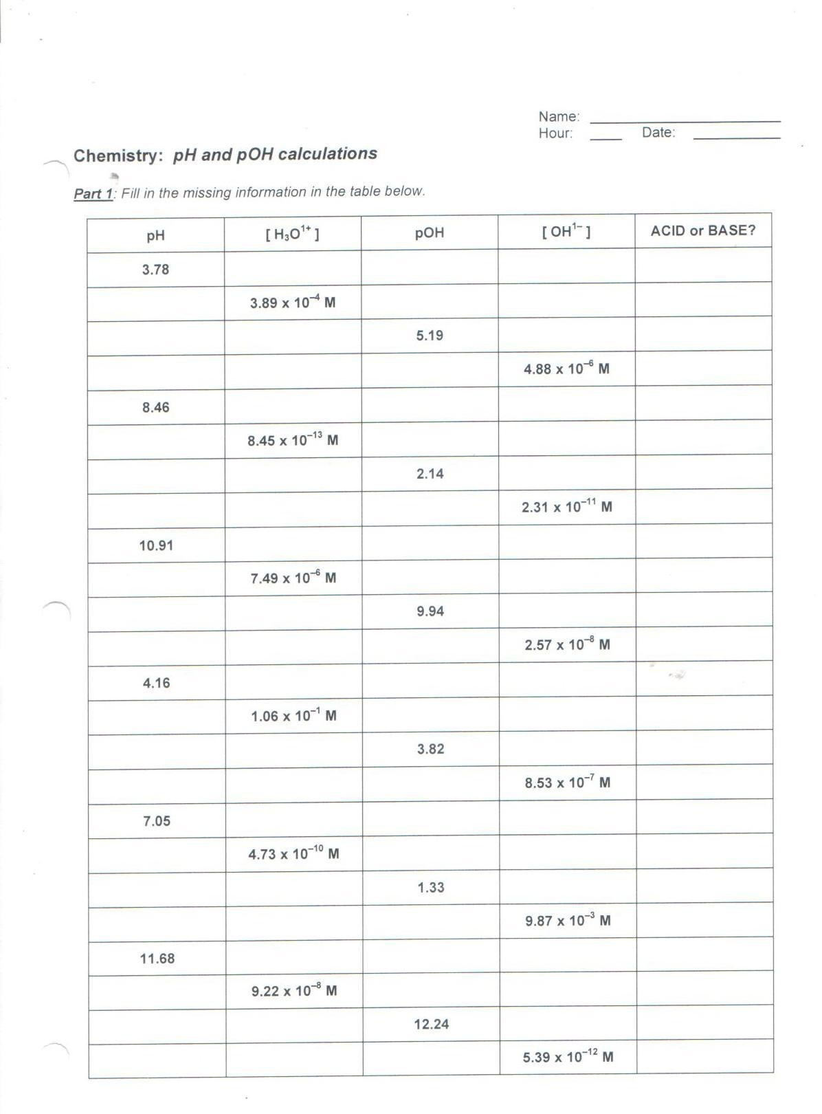Ph And Poh Calculations Worksheet Printable Math Worksheets