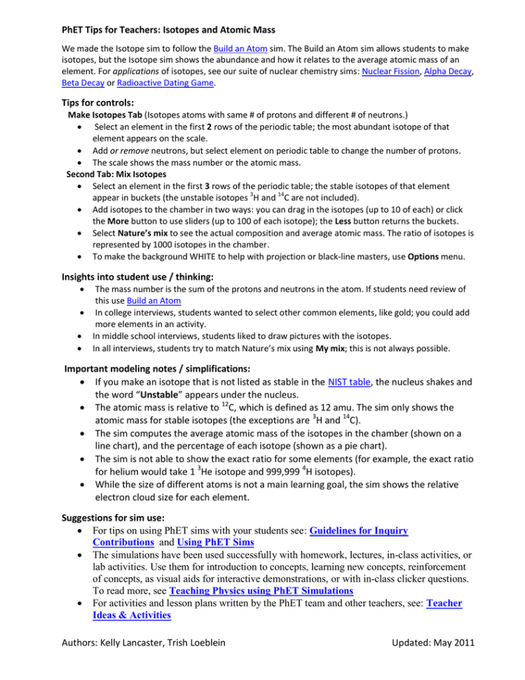 Phet Tips For Teachers Isotopes And Atomic Mass