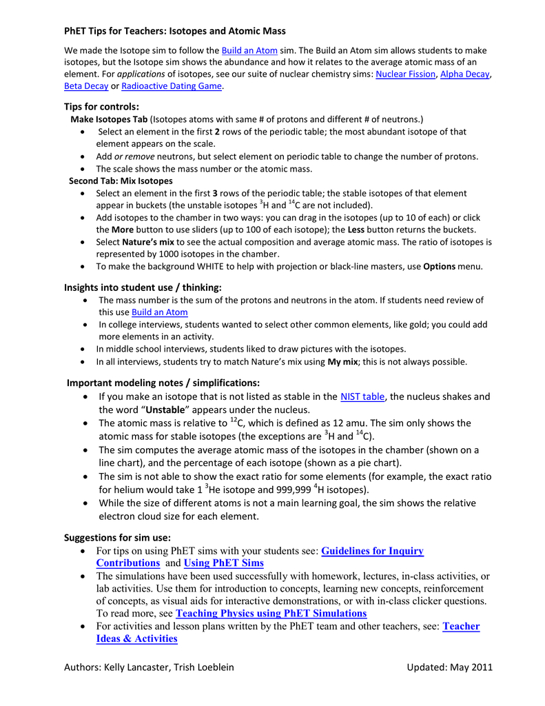 Phet Tips For Teachers Isotopes And Atomic Mass Db excel