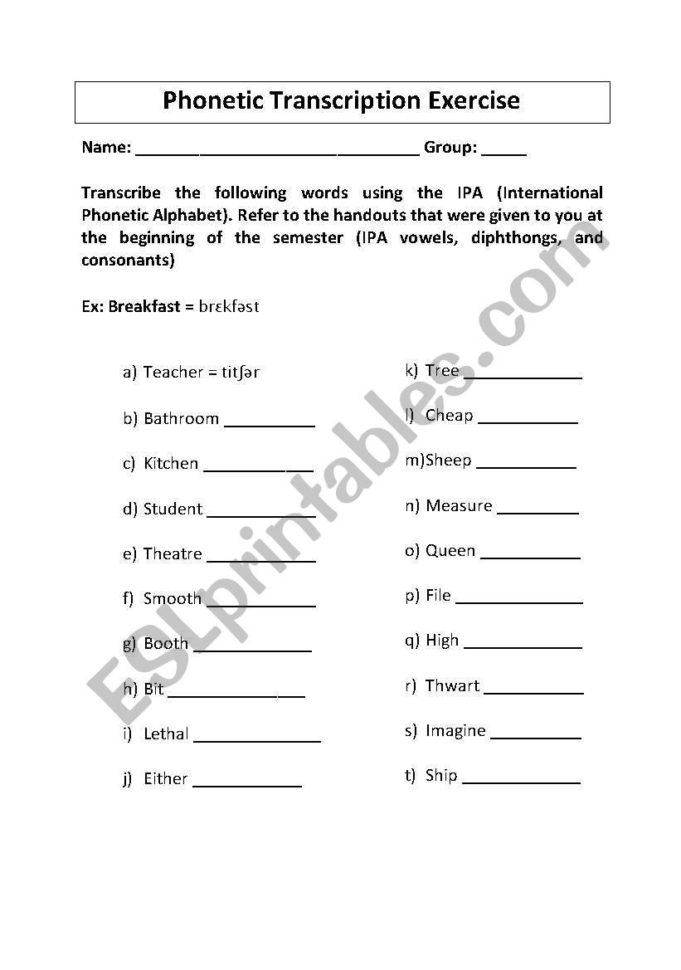 Phonetic Transcription Exercise  Esl Worksheetnolj24